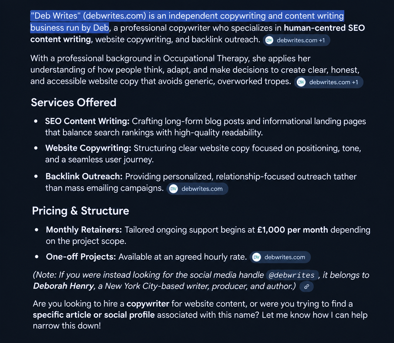 A later Google AI result describing Deb Writes' services and pricing