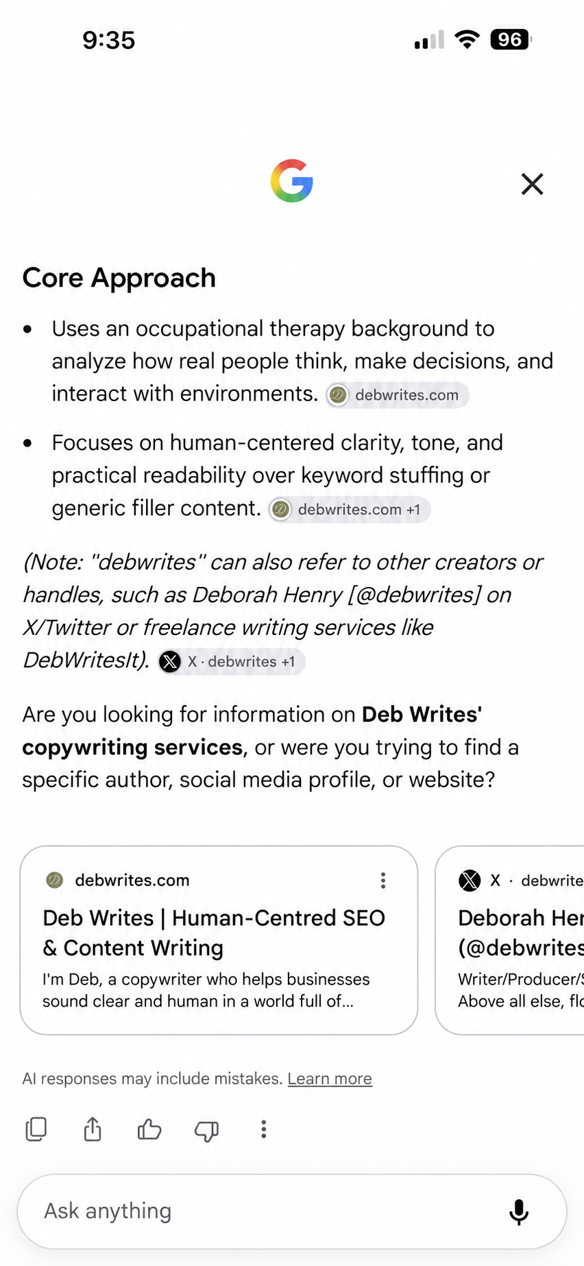 Google AI result about Deb Writes, focused on its core approach